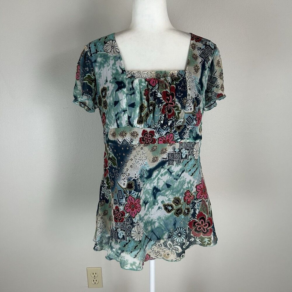 Y2K Fairy Tunic Top Mermaid Babydoll Size M Chiffon Floral Glitter Blouse Blue